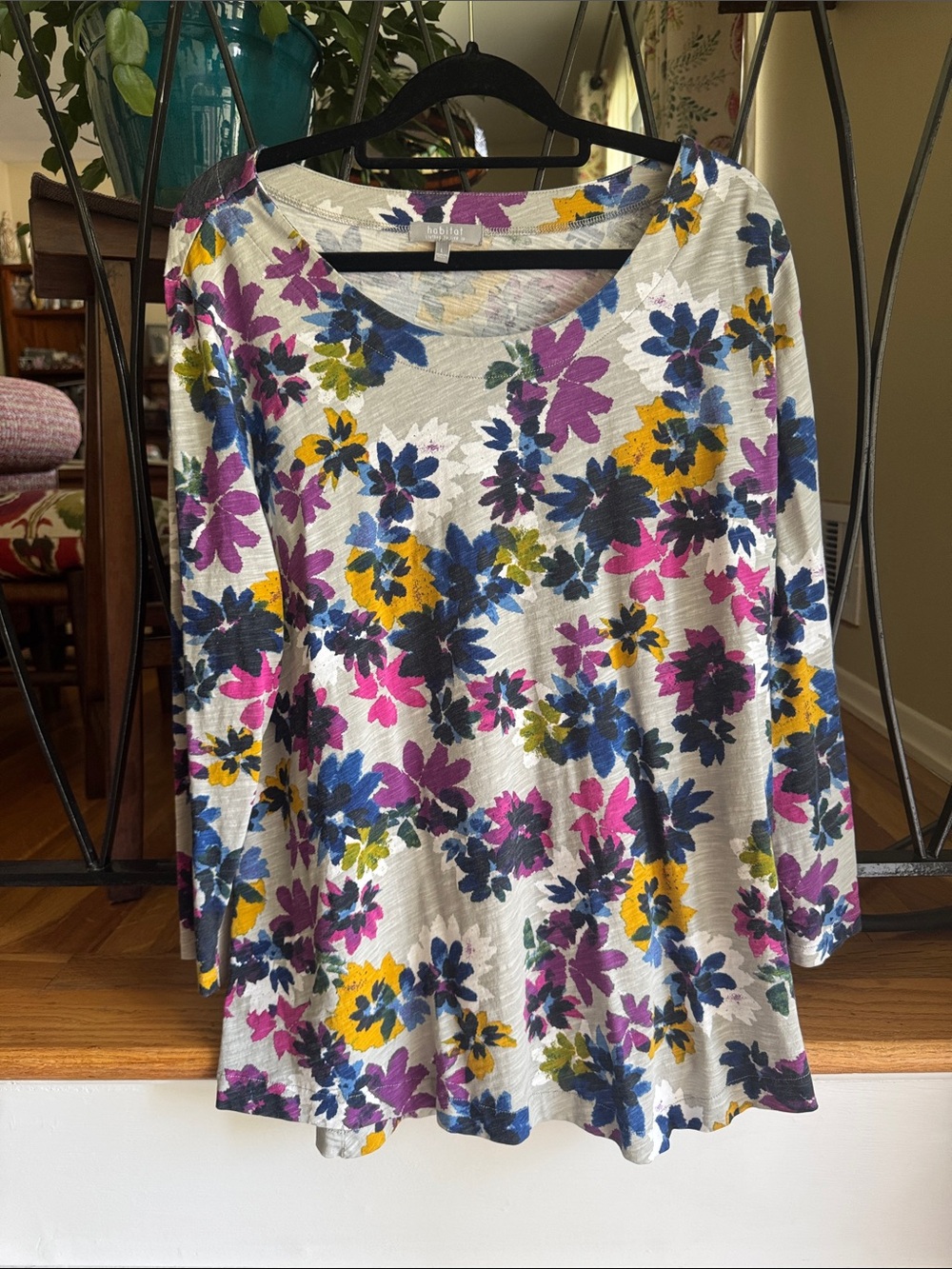 Habitat Large Floral Scoop Neck Long Sleeve Top with Pink, Blue & Yellow Flowers